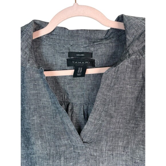 TAHARI 100% Linen Top Blouse Sz 1X Popover Hi-lo Hem V-Neck Boho Blue Lagenlook - Picture 4 of 11